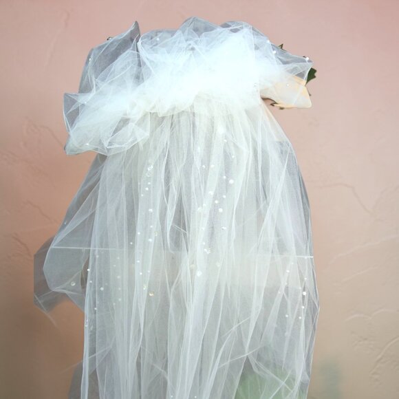 Handmade White Floral Bridal Veil With Pearl Embellishments Lace Crown & Tulle L main image 8